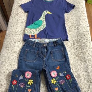 Mini Boden appliqué duck T and embroidered jeans combo size 9-10